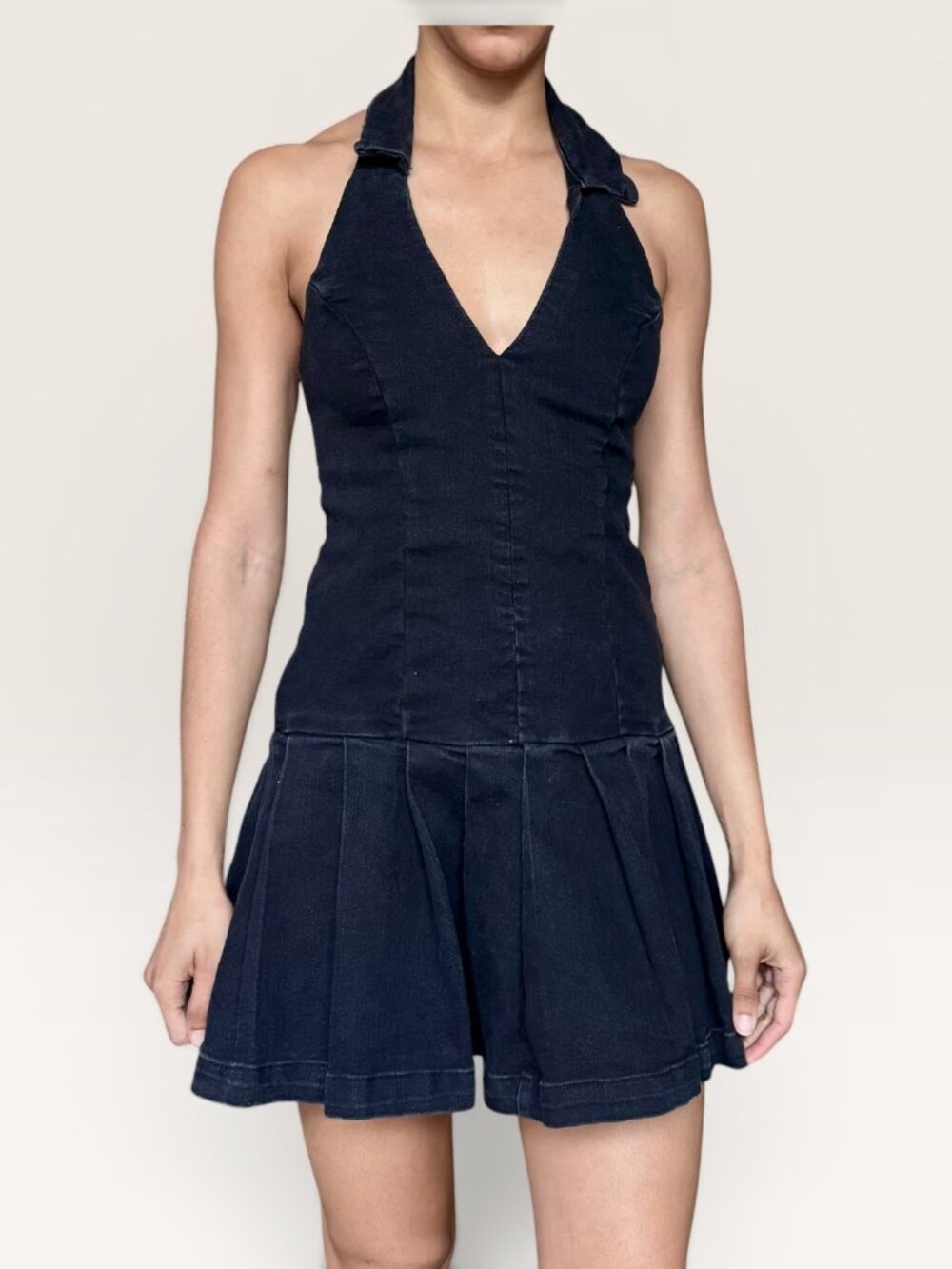 Love Fire‎ Washed Denim Pleated Halter Dress Tenniscore Preppy Playful Small